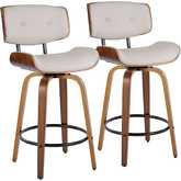 Lombardi 26" Swivel Counter Stool in Walnut Wood & Cream Leatherette with Black Footrest (Set of 2)